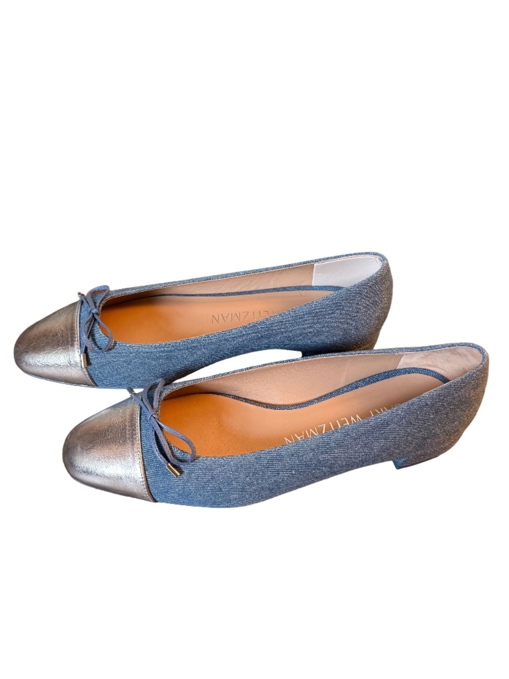 Stuart Weitzman Sleek Bow Denim Ballerina Flat Silver Cap Toe Size 9